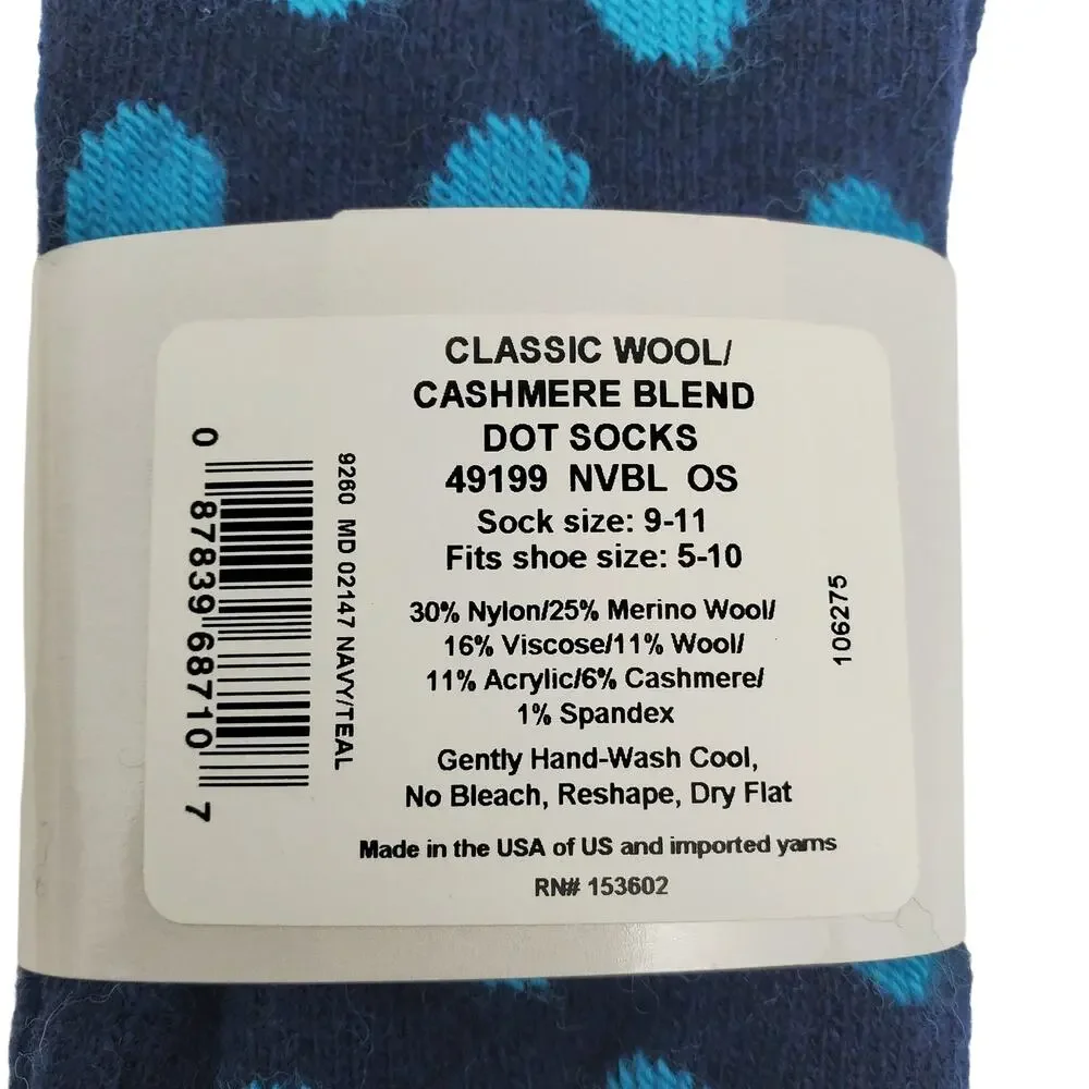 New Garnet Hill Dot Socks 9-11 Warm Cashmere Blend Crew Blue Teal Holiday Gift